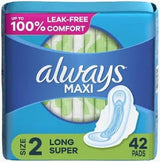 Always Maxi sanitary pads size 2 long super, 42 count, leak-free comfort packaging