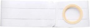 White ostomy belt with adjustable elastic strap and round support opening