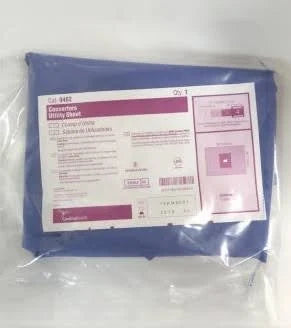 Packaged blue disposable medical utility drape with printed product label for home use
