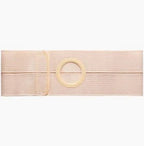 Beige medical abdominal support belt with ostomy pouch opening, elastic and adjustable
