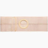 Beige medical abdominal support belt with ostomy pouch opening, elastic and adjustable