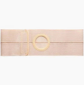 Beige medical abdominal support belt with ostomy pouch opening, elastic and adjustable
