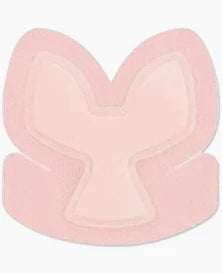 Pink medical adhesive patch for chronic condition management, butterfly shape on white background