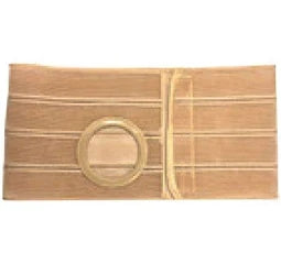 Beige medical abdominal support belt with round stoma opening for ostomy care