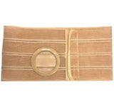 Beige medical abdominal support belt with round stoma opening for ostomy care