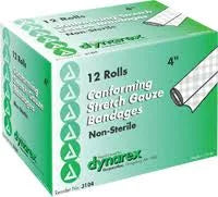 Box of Dynarex conforming stretch gauze bandages, 12 rolls, 4-inch, non-sterile medical supply