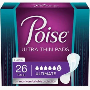 Poise ultra thin pads long ultimate 26 count, incontinence protection packaging.