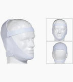 White adjustable chin strap for CPAP mask displayed on mannequin head