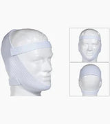 White adjustable chin strap for CPAP mask displayed on mannequin head