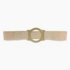 Beige medical ostomy belt with adjustable straps and plastic circular support