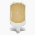 Single beige medical ostomy pouch with white border, isolated on a white background.