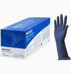 Box of medical nitrile gloves with a single blue glove displayed