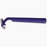 Purple disposable razor with textured handle on a white background