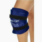 Gel knee wrap with adjustable straps on person's leg for pain relief or injury support