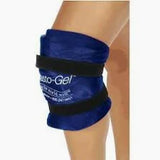 Gel knee wrap with adjustable straps on person's leg for pain relief or injury support
