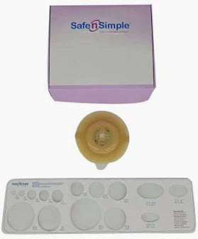 Ostomy barrier ring with sizing guide and Safe n Simple packaging for medical supplies