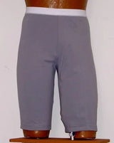 Gray medical shorts with tube opening, displayed on mannequin, adaptive clothing