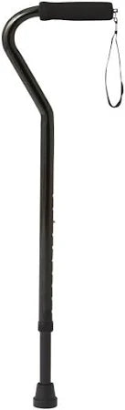 Black walking cane with ergonomic foam handle and wrist strap for mobility support