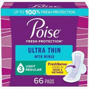 Poise Ultra Thin with Wings Light Regular pads, 66-count box, fresh protection packaging