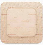Square adhesive medical bandage with border, beige foam wound dressing, sterile pad