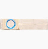 Beige ostomy belt with elastic band and blue circular opening for medical stoma support