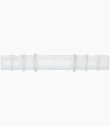 Clear plastic medical tubing connector on white background, home healthcare supply