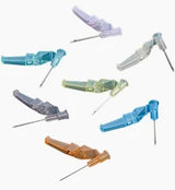 Assorted safety lancets for blood sampling, shown in various colors on white background