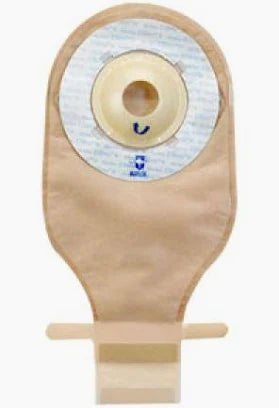 Ostomy bag for medical use, beige color, with adhesive barrier and drainable bottom