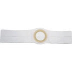 White medical ostomy belt with round opening for stoma support, suitable for home care