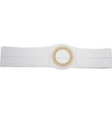 White medical ostomy belt with round opening for stoma support, suitable for home care