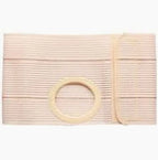 Beige elastic ostomy belt with central stoma opening for medical support.
