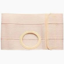 Beige elastic ostomy belt with central stoma opening for medical support.
