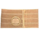 Beige ostomy support belt with circular opening for medical pouch, laid flat