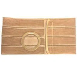 Beige ostomy support belt with circular opening for medical pouch, laid flat