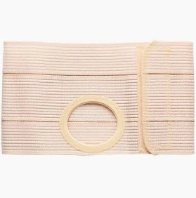 Beige medical ostomy belt with adjustable strap and central circular opening, on white background.