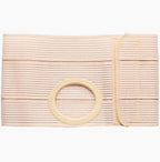 Beige medical ostomy belt with adjustable strap and central circular opening, on white background.