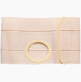 Beige medical ostomy belt with adjustable strap and central circular opening, on white background.