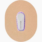 Dexcom G6 continuous glucose monitor with adhesive patch on skin-colored background