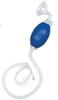Manual resuscitator with blue oxygen bag and clear face mask for emergency respiratory care