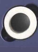 Close-up of a medical adhesive patch with a central black circular sensor on a blue background