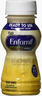 Enfamil NeuroPro ready-to-use infant formula bottle with yellow and purple label.