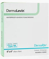 DermaLevin waterproof adhesive foam dressing box, 4x4 inch, 10 sterile dressings