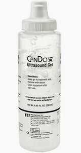Clear plastic bottle of ultrasound gel for medical use with nozzle cap and labeled instructions.
