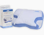 CPAP contour pillow with blue and white cover, packaged box beside pillow