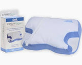 CPAP contour pillow with blue and white cover, packaged box beside pillow
