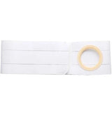 White ostomy support belt with round opening for medical pouch attachment