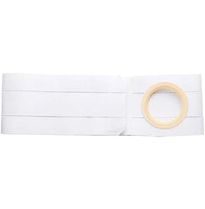 White ostomy support belt with round opening for medical pouch attachment