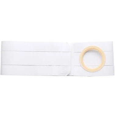 White ostomy support belt with round opening for medical pouch attachment