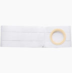 White elastic medical abdominal binder with circular opening for ostomy support on white background.