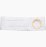 White elastic medical abdominal binder with circular opening for ostomy support on white background.